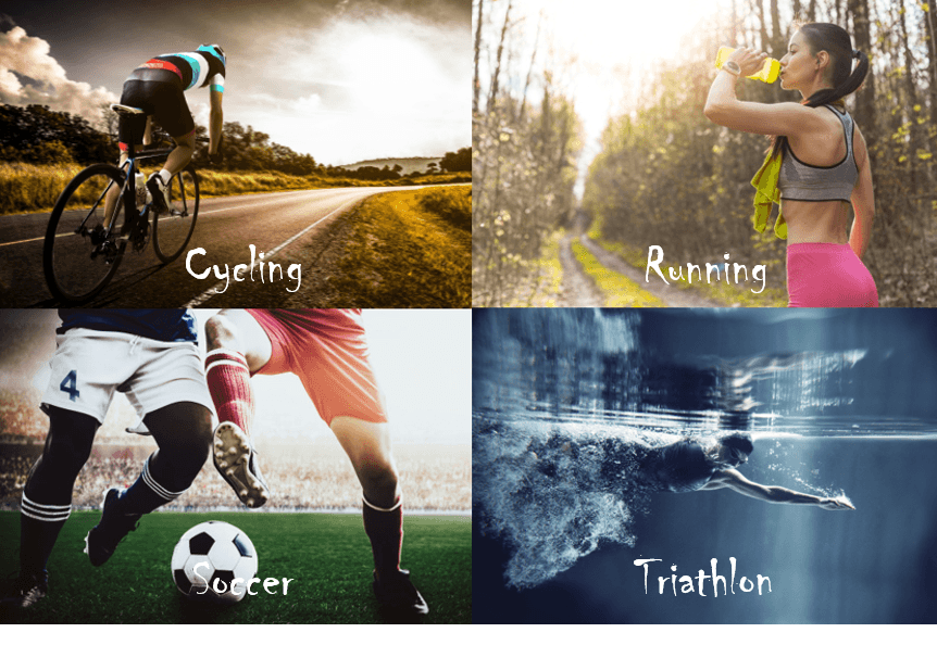 Cycling, running, soccer, triathlon